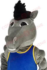 Gray Mustang Horse Mascot Costume in Blue and Yellow Sports Uniform