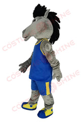 Gray Mustang Horse Mascot Costume in Blue and Yellow Sports Uniform