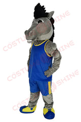 Gray Mustang Horse Mascot Costume in Blue and Yellow Sports Uniform