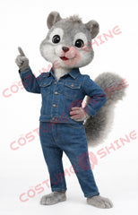 Gray Squirrel Mascot Costume for Adults in Denim Outfit