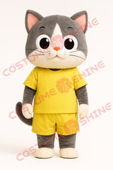 Gray White Cat Mascot Costume in Yellow Outfit for Events & Schools