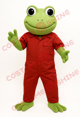 Green Frog Mascot Costume in Red Coverall Outfit for Adults