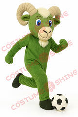 Green Ram Mascot Costume Soccer Kick Pose – Plush Goat Mascot Suit