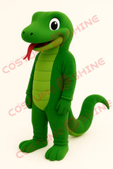 Green Snake Mascot Costume with Light Belly and Red Tongue