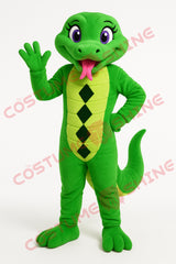 Green Snake Mascot Costume with Pink Tongue and Diamond Pattern