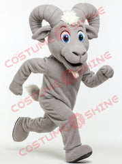 Grey Ram Mascot Costume Running Pose – Plush Goat Mascot Suit