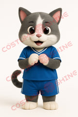 Gray White Cat Mascot Costume in Blue Sports Outfit for Events