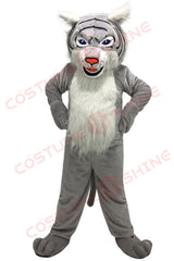Fierce Grey Wildcat Mascot Costume for Adults – White Chest & Blue Eyes