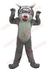 Fierce Grey Wildcat Mascot Costume for Adults – White Chest & Blue Eyes