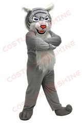 Fierce Grey Wildcat Mascot Costume for Adults – White Chest & Blue Eyes