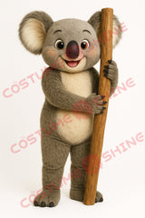 Grey Koala Mascot Costume with Wood Prop – Premium Plush Animal Suit