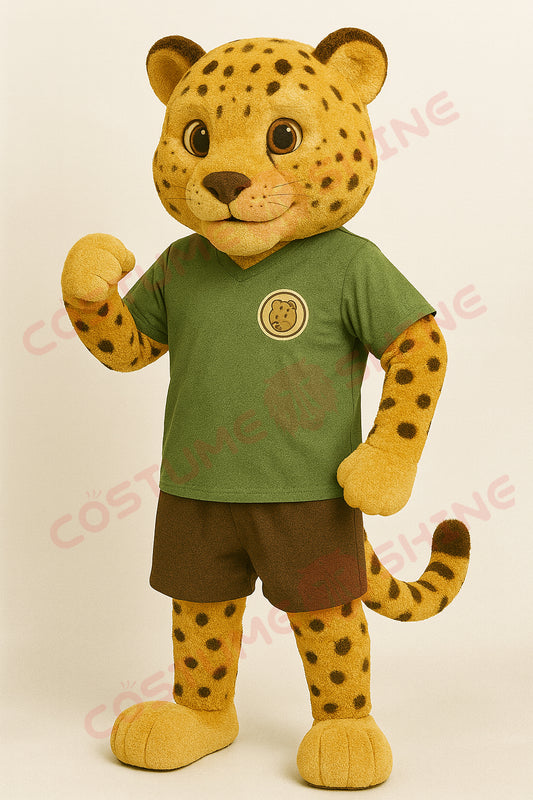 Leopard Mascot Costume – Custom Handmade Plush Suit with Green Shirt & Brown Shorts for School Teams & Events