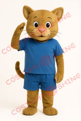 Light Brown Cat Mascot Costume with Blue Outfit – Full Plush Suit