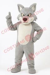 Light Grey Wolf Mascot Costume Pointing Up – Adult Plush Full Body Suit
