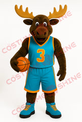 Moose Mascot Costume in Teal Basketball Uniform with Number 3