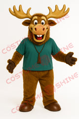 Brown Moose Mascot Costume with Green Shirt and Antlers – Furry Suit