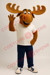 Moose Mascot Costume with White Shirt and Blue Pants – Friendly Plush Suit