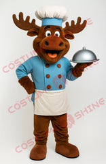 Moose Mascot Costume Chef Outfit with Blue Coat and Apron – Plush Suit