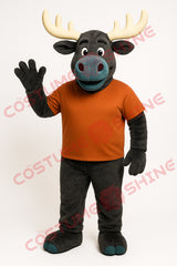 Moose Mascot Costume Dark Gray with Orange Shirt – Friendly Plush Suit