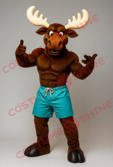 Muscle Moose Mascot Costume with Blue Shorts – Strong Athletic Design