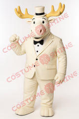 White Tuxedo Moose Mascot Costume with Bow Tie and Top Hat