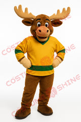 Moose Mascot Costume with Yellow Green Sports Jersey and Plush Antlers