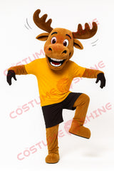 Moose Mascot Costume with Yellow Shirt and Black Shorts for Events