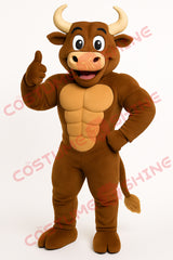 Muscular Brown Bull Mascot Costume with Horns for School and Sports Events