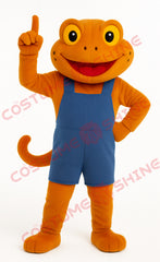 Orange Frog Mascot Costume Adult Suit with Blue Overalls – Plush Design