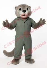 Grey Otter Mascot Costume in Workwear Jumpsuit – Plush Character Suit