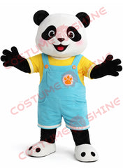 Panda Mascot Costume Adult Blue Overalls Cute Style