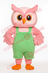 Pink Owl Mascot Costume with Green Overalls for Adults – Plush Full Suit