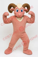 Pink Ram Mascot Costume Flexing Pose – Plush Goat Character Suit