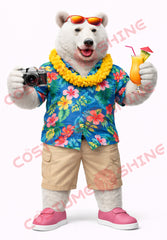 Adult Polar Bear Mascot Costume Hawaiian Vacation Photographer