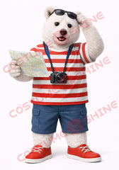 Adult Polar Bear Mascot Costume Tourist Travel Explorer Style