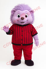 Purple Hedgehog Mascot Costume in Red Striped Outfit for Events