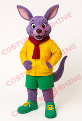 Purple Kangaroo Mascot Costume with Yellow Hoodie & Green Shorts