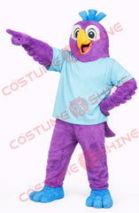 Purple Parrot Mascot Costume Adult with Blue T-Shirt Bird Character Outfit