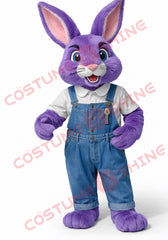 Purple Rabbit Mascot Costume with Denim Overalls – Adult Mascot Suit