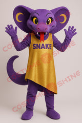 Purple Snake Mascot Costume with Gold Dress and Red Tongue