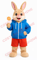 Adult Brown Rabbit Mascot Costume Blue Hoodie Red Shorts Outfit