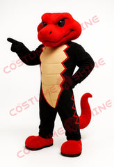 Red and Black Snake Mascot Costume with Beige Belly and Pointing Pose
