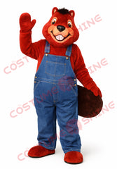 Red Beaver Mascot Costume Blue Denim Overalls Adult Outfit