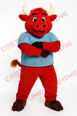Red Bull Mascot Costume with Blue Shirt for School & Sports Events