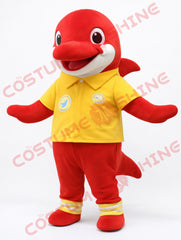 Red Dolphin Mascot Costume Adult with Yellow Shirt