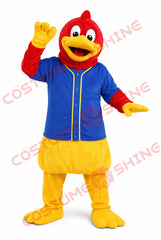 Red Duck Mascot Costume Adult with Blue Sports Jersey