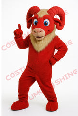 Red Ram Mascot Costume Pointing Up – Plush Goat Character Suit