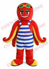 Red Octopus Mascot Costume Adult Plush Striped Overalls Character Outfit