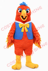 Red Parrot Mascot Costume Adult with Blue Vest and Yellow Bow Tie Outfit