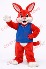 Red Rabbit Mascot Costume Adult Plush with Blue Vest